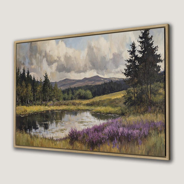 Framed Wall Art: Landscape Canvas Print with lake, trees, and purple flowers. Earthy tones and impressionistic style for a calming home decor piece.