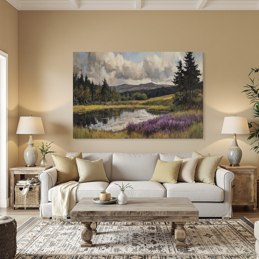 Framed Wall Art: Landscape Canvas Print featuring a serene lake scene. Earthy tones with pops of purple and green create a calming, natural aesthetic for your home.