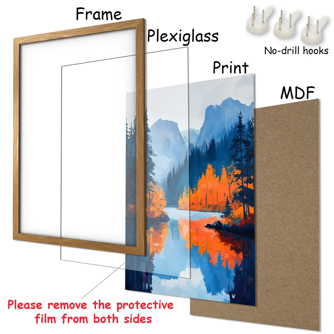 Framed Poster of a vibrant landscape painting. Features blue, orange, and white color palette. Perfect for home decor.