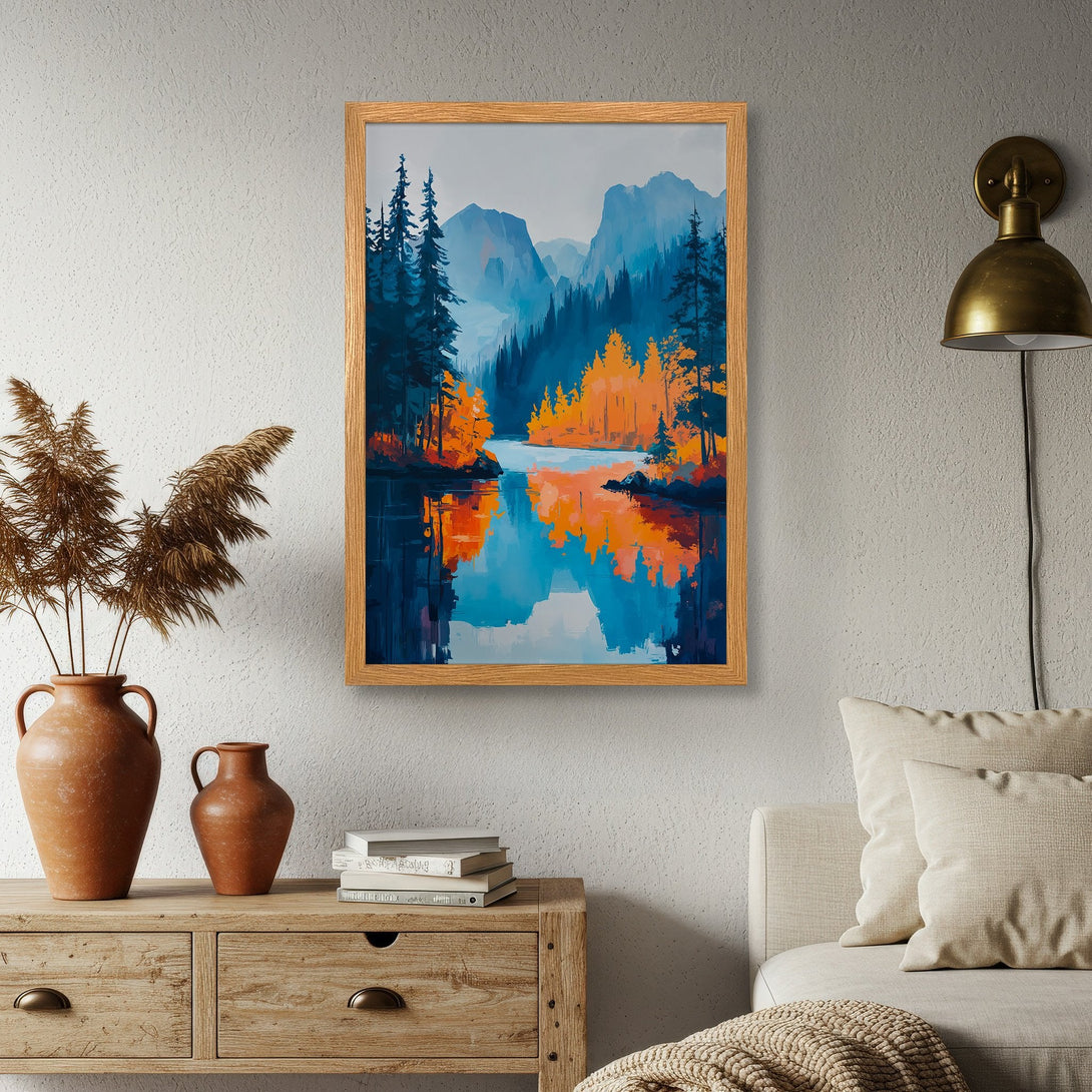 Framed Poster featuring a vibrant landscape painting with a blue, orange, and teal color palette. Perfect wall art for any home!