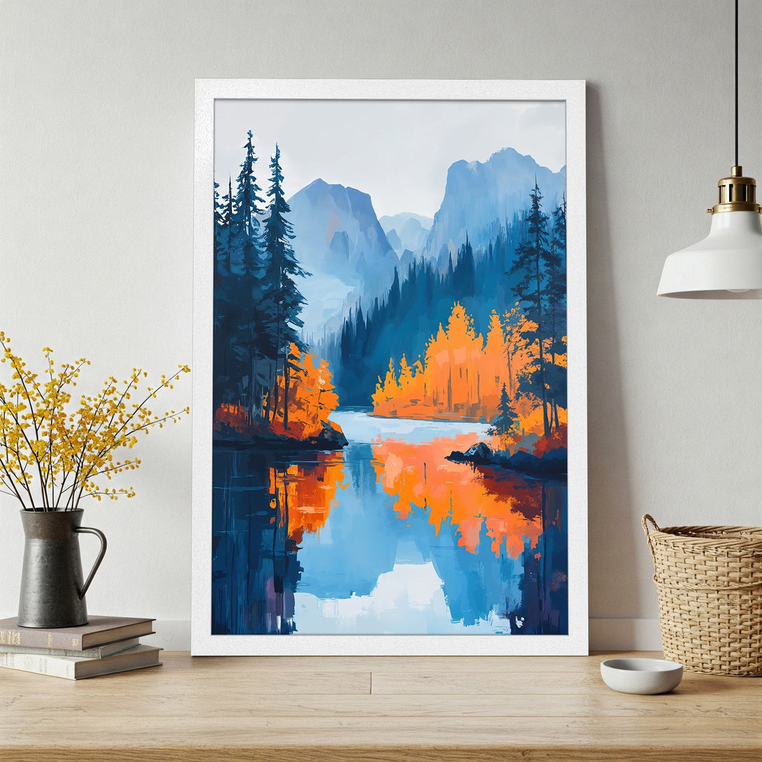 Framed Poster featuring a vibrant landscape painting with a lake, trees, and mountains in blue and orange hues. Perfect wall art!