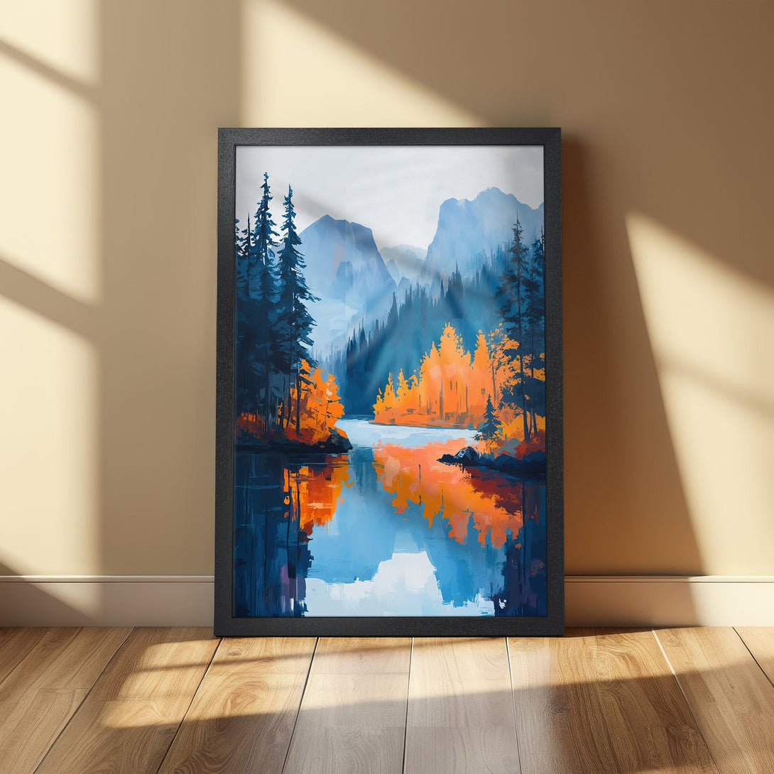 Framed Poster of a serene landscape with a lake, trees, and mountains. Artistic style with blue, orange, and white color palette. Perfect wall art!