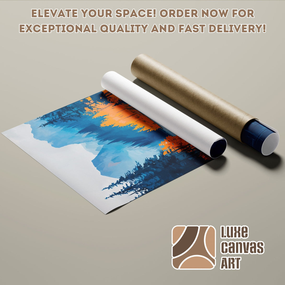 Abstract landscape poster roll in blue, orange, and white. Elevate your space with art!