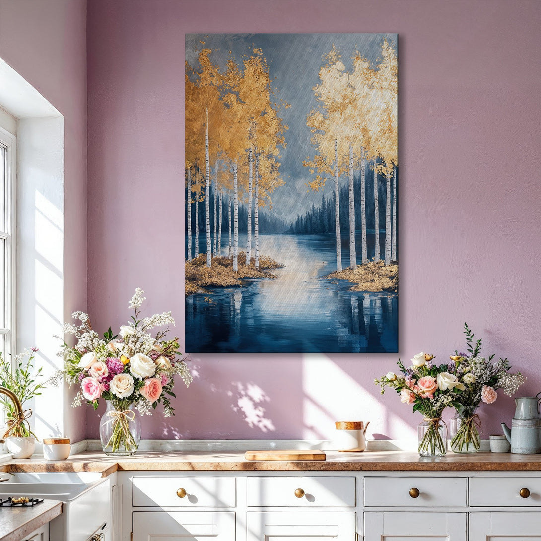 Framed Wall Art: Stunning gold and blue abstract landscape Canvas Print. Modern art with birch trees and lake, perfect for living room decor.