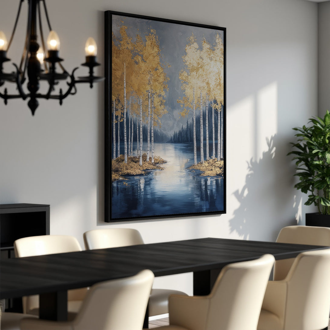 Framed Wall Art: Stunning gold and blue landscape canvas print. Modern artwork featuring birch trees and a serene lake. Perfect for home decor.