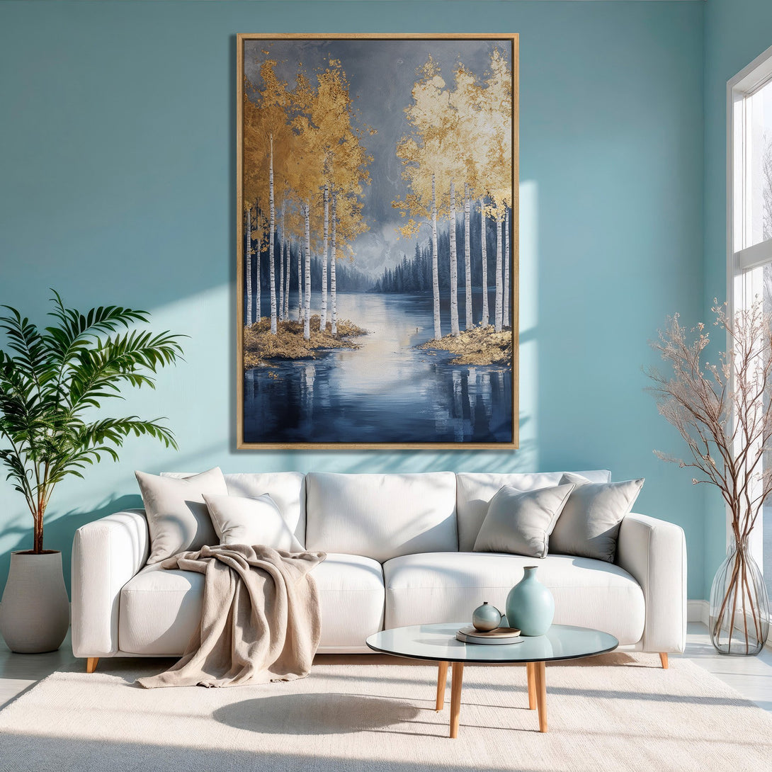 Framed Wall Art: Gold leaf aspen trees by a lake. Modern landscape art with blue, gray, and gold color palette. Perfect for living room decor.