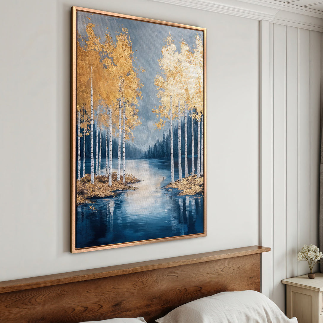 Framed Wall Art: Gold leaf birch tree landscape Canvas Print. Blue, gold, and white color palette. Perfect for bedroom decor.
