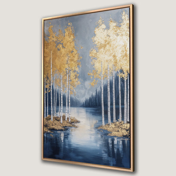 Framed Wall Art: Gold leaf birch trees by a lake. Modern landscape art with a blue and gold color palette, perfect for adding elegance to any space.