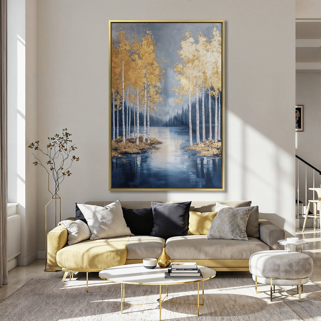 Canvas Print of a serene lake scene with golden trees, in a modern style with a blue, gold, and grey color palette.