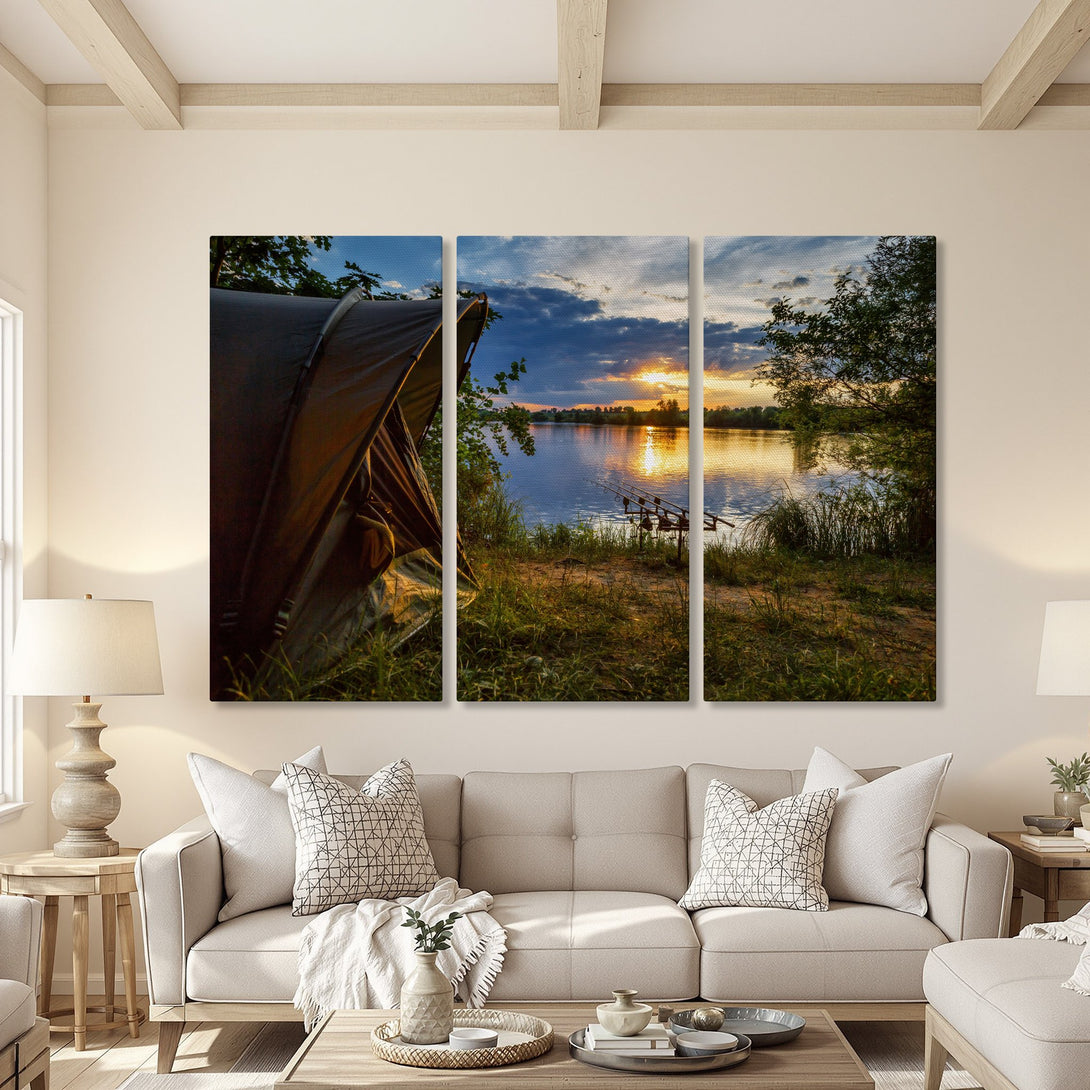 Canvas Print triptych of a sunset over a lake. Warm color palette with blues, oranges, and greens. Perfect for adding a touch of nature to your home.