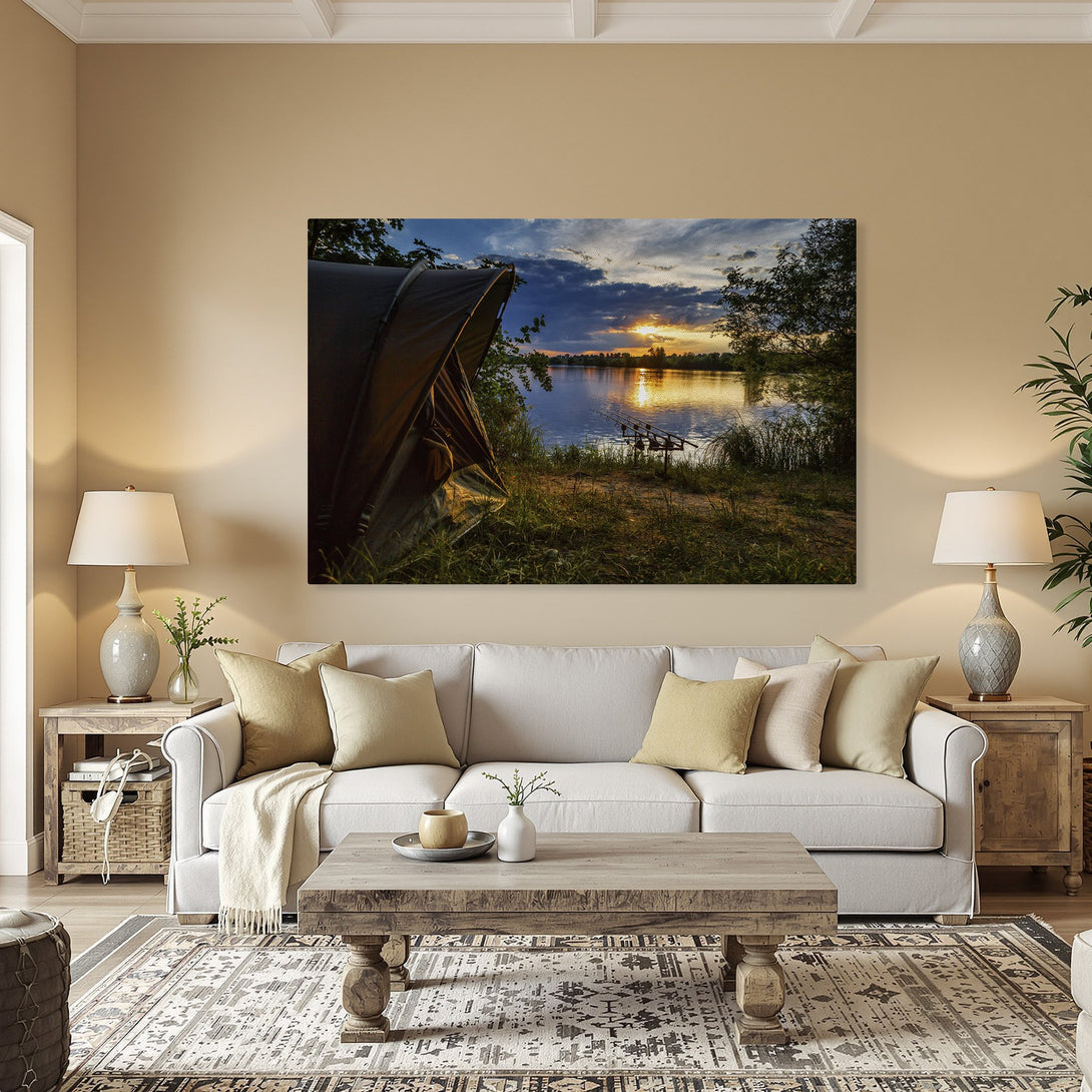 Framed Wall Art: Serene lake sunset canvas print. Nature scene with warm sunset colors. Perfect for living room or bedroom decor.