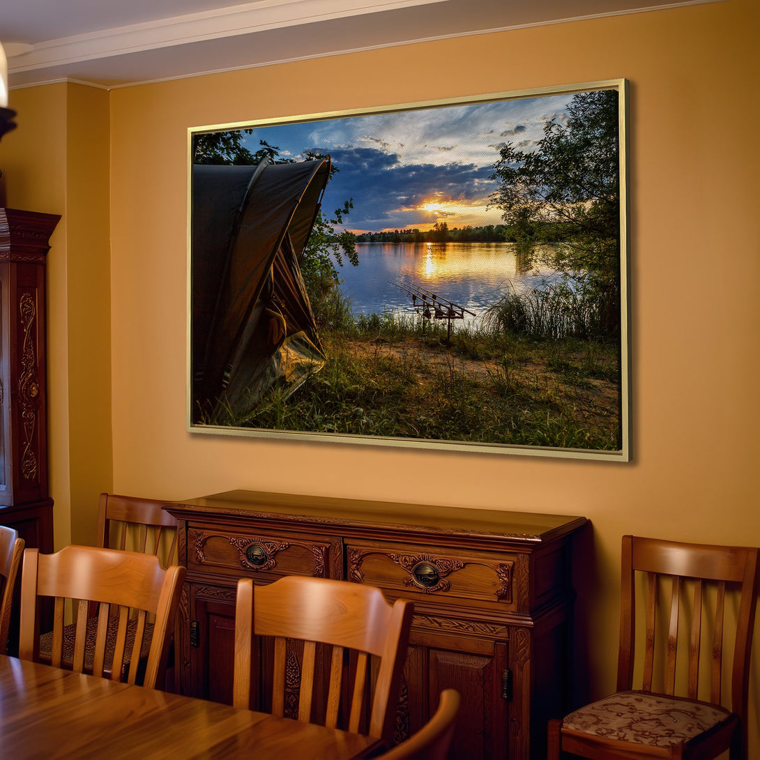 Canvas Print of a serene lake sunset scene. Warm, natural tones create a calming atmosphere. Enhance your living room with this beautiful wall art.