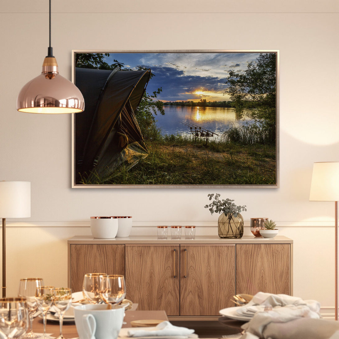 Framed Wall Art: Serene sunset over a lake. Nature-inspired canvas print with warm, golden hues and tranquil vibes for your home decor.