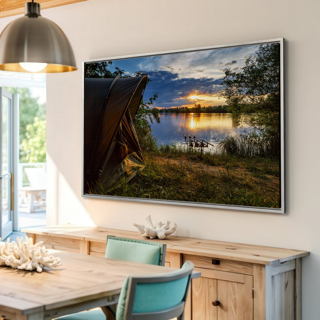 Framed Wall Art featuring a serene sunset over a lake. Warm, golden hues and cool blues create a calming landscape scene, perfect for any home.
