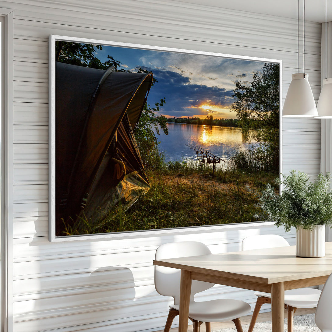 Framed Wall Art: Serene sunset over a lake, captured in a warm, natural color palette. Bring the outdoors in with this stunning canvas print.