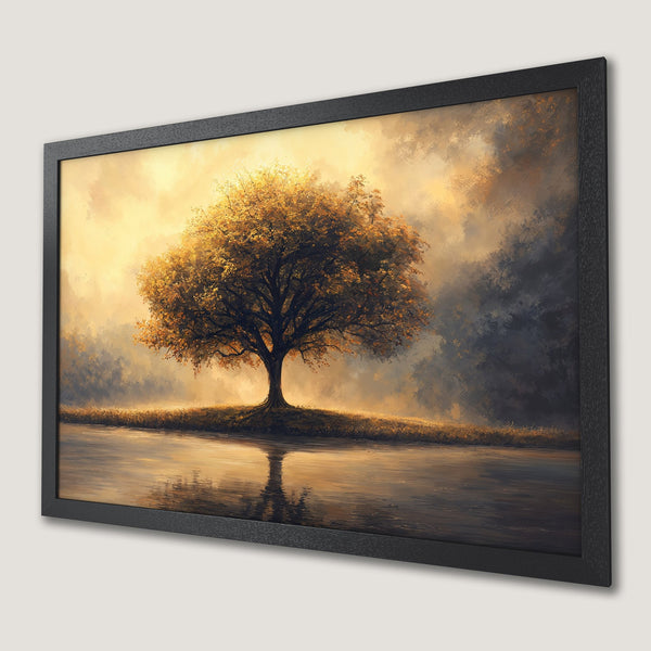 Framed Poster featuring an abstract elephant in blue and gold tones. Modern art print for home decor.