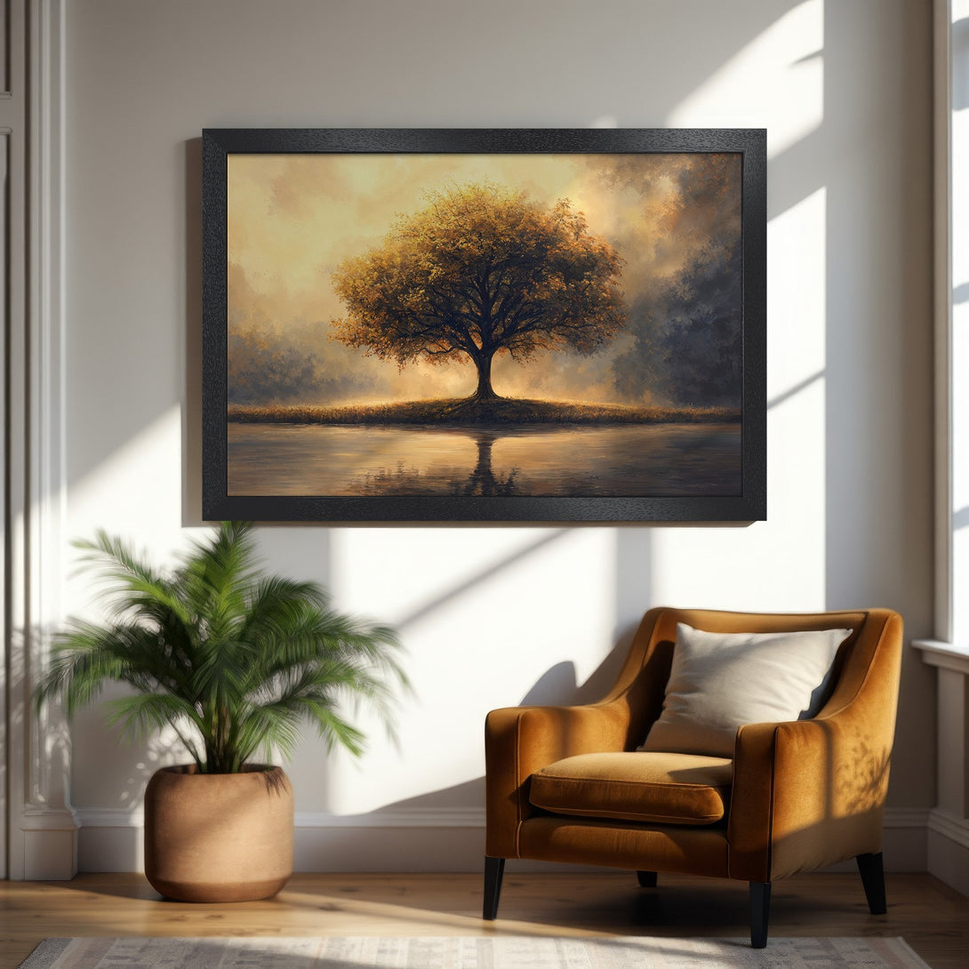 Framed Poster featuring an elephant in a modern, abstract style. The artwork uses a gold and blue color palette. Perfect wall art!