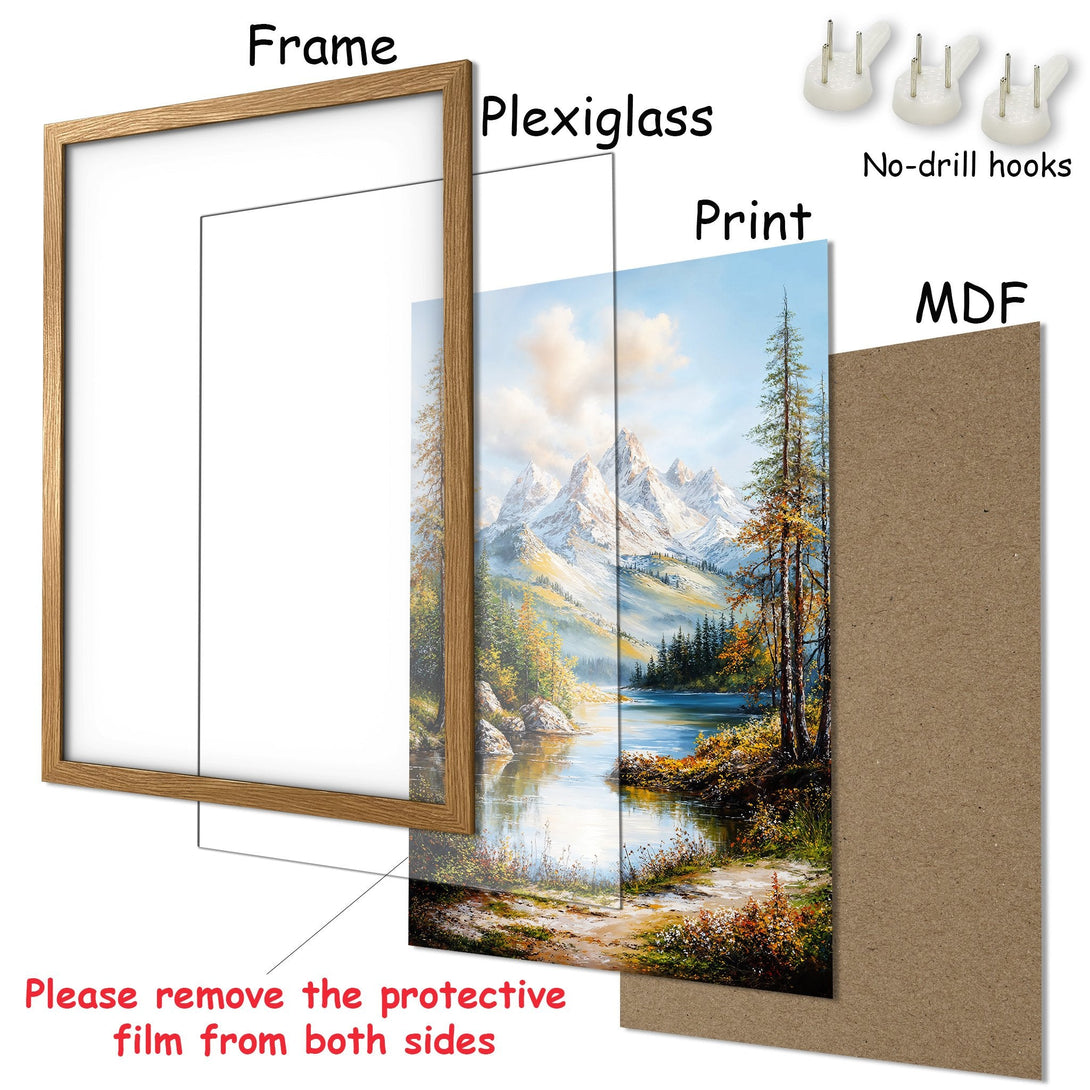 Framed Poster of a mountain landscape in a classic style with a warm, natural color palette. Perfect wall art!