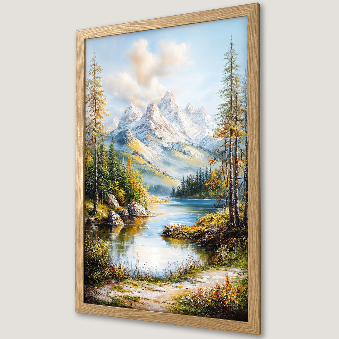 Framed Poster of a serene mountain landscape painting. Features a lake, trees, and snow-capped peaks. Warm, natural color palette.