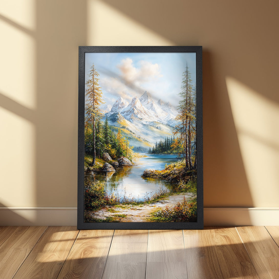 Framed Poster of a serene mountain lake scene in a classic painting style. Earthy tones of green, blue, and brown create a calming aesthetic.