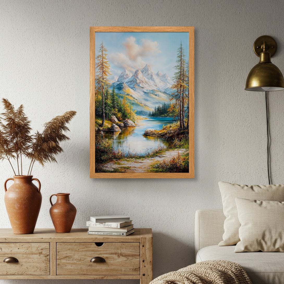 Framed Poster of a serene mountain lake landscape in a warm, natural color palette. Perfect wall art for a cozy home.