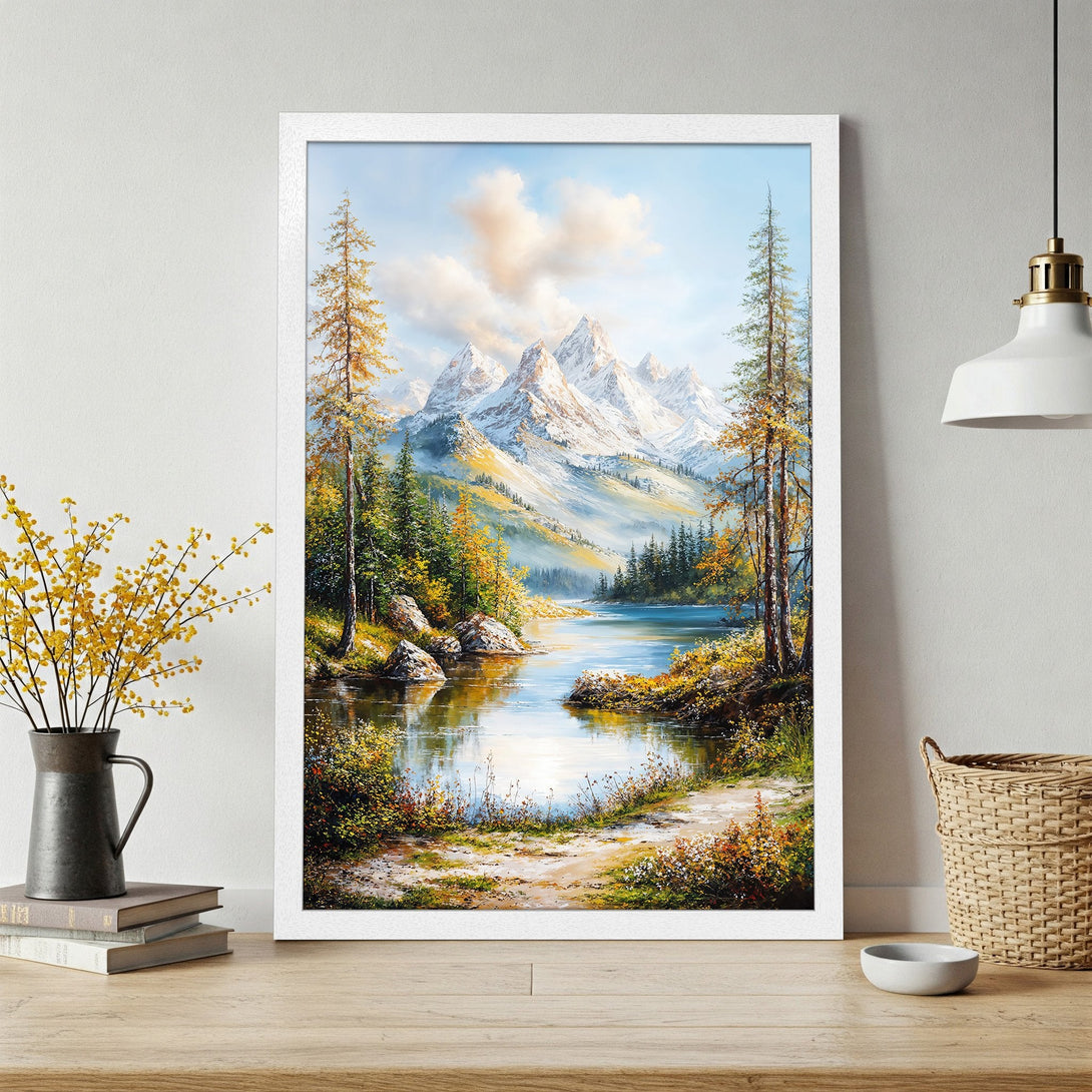 Framed Poster of a serene mountain lake landscape in a classic, painterly style with a warm, earthy color palette. Bring nature indoors!