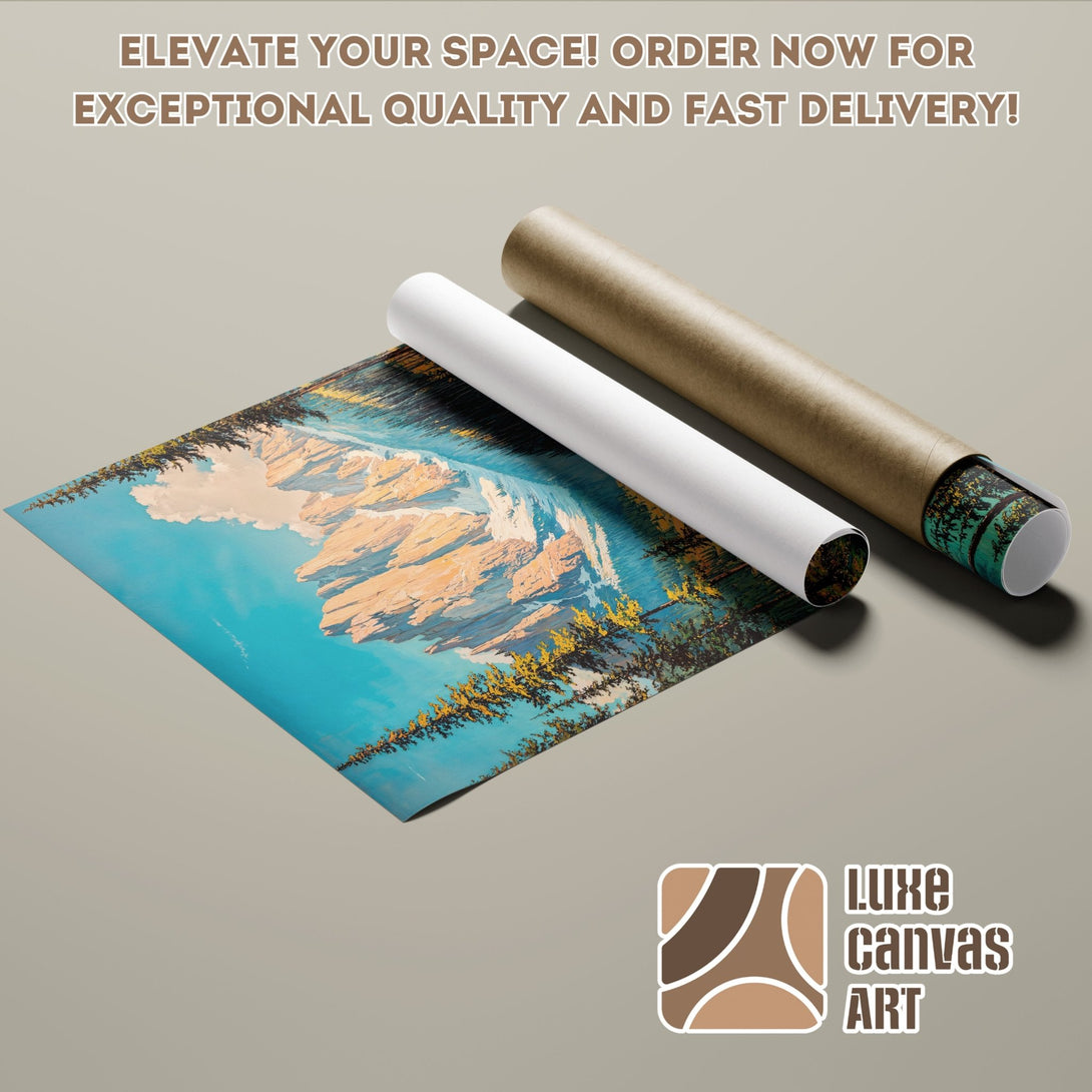 Poster Roll of a mountain landscape painting with a blue and yellow color palette. Elevate your space with art!