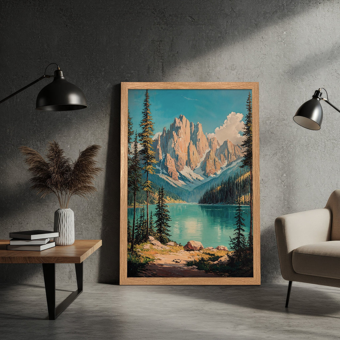Framed Poster featuring a serene mountain lake landscape, painted in a classic style with a calming blue and green color palette.