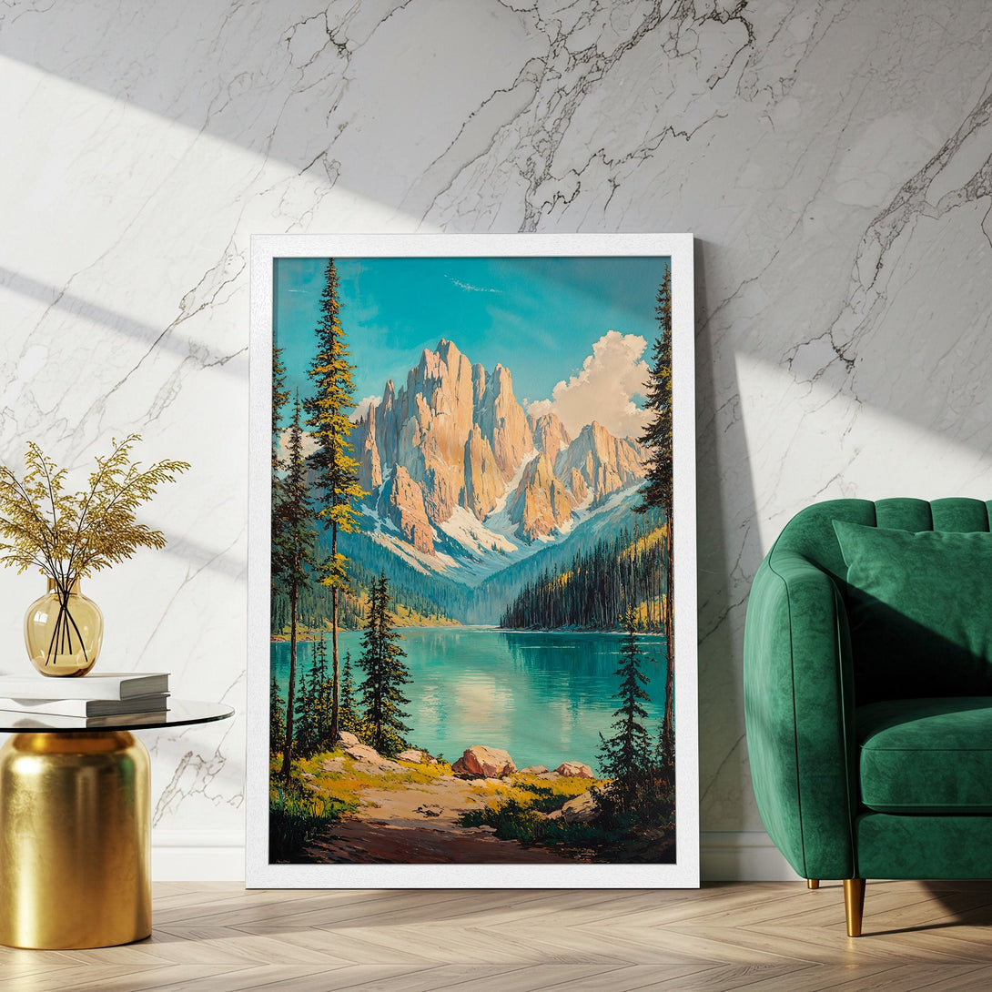 Framed Poster of a stunning mountain lake landscape, showcasing a vibrant teal and gold color palette. Perfect wall art to elevate your home decor.