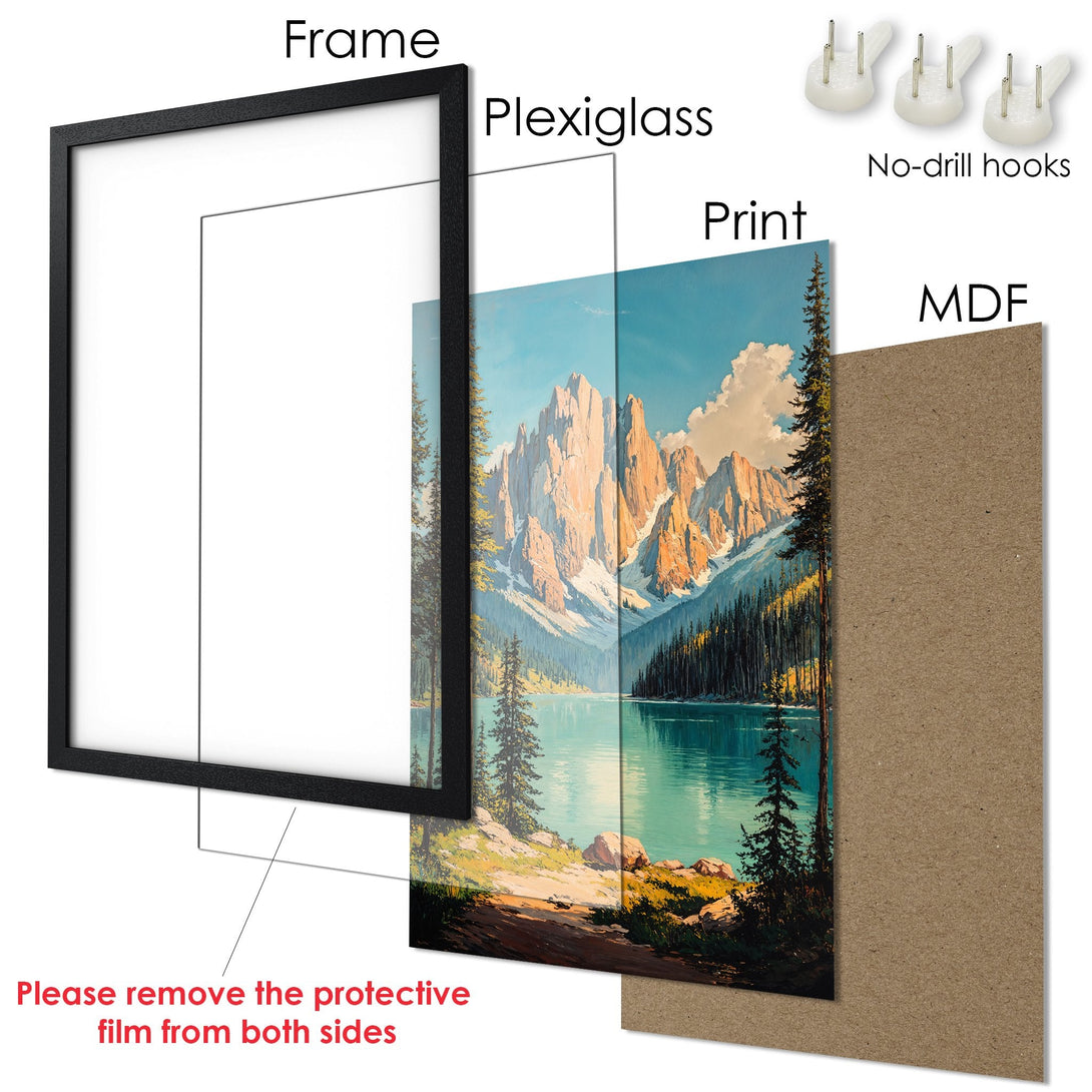 Framed Poster of mountain lake landscape art in a blue, green, and gold palette. Ready to hang with included no-drill hooks.