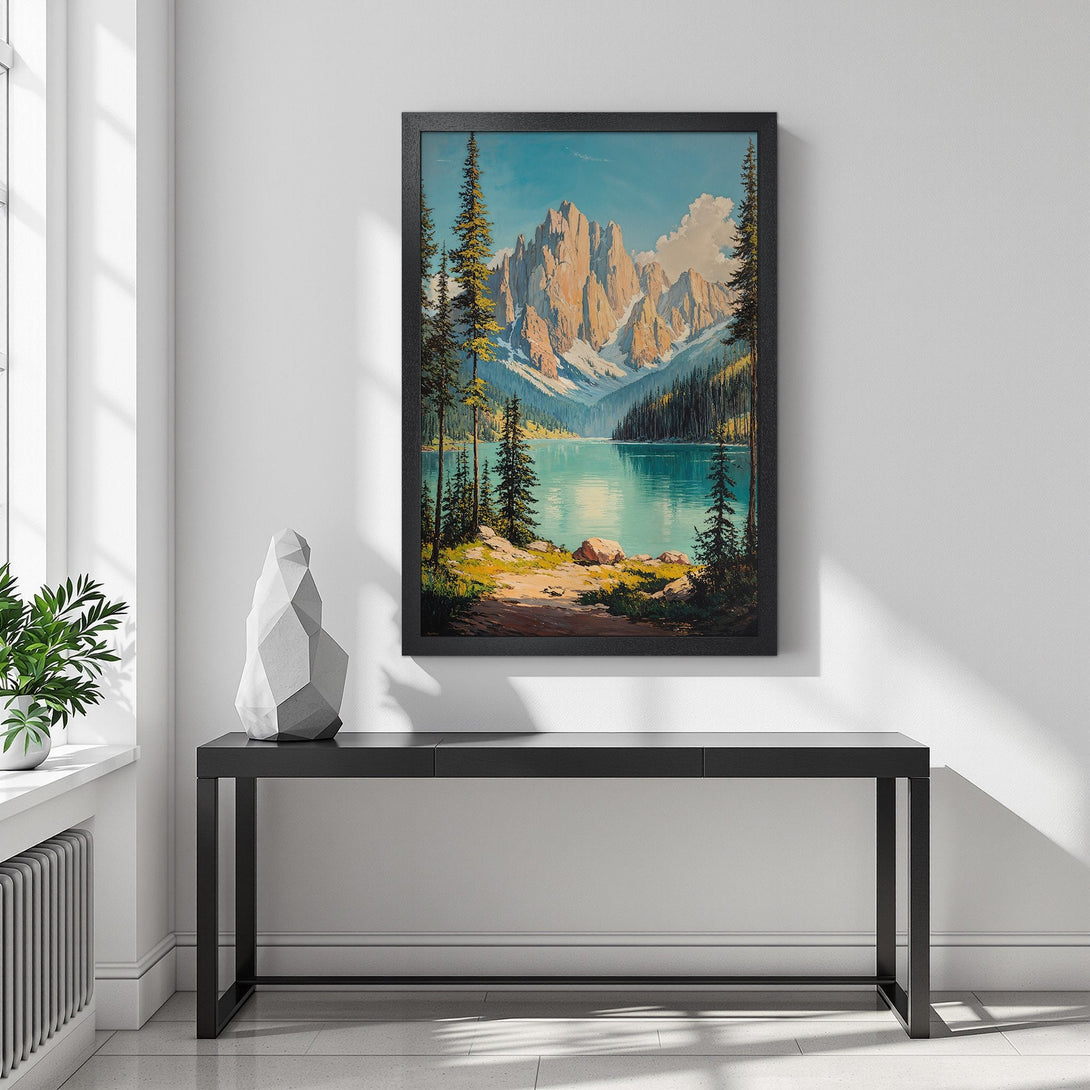 Framed Poster of a serene mountain lake scene. Warm, inviting tones of blue, green, and gold. Bring nature's beauty into your home!
