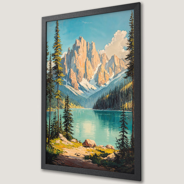 Framed Poster of a serene mountain lake landscape, featuring a vintage style and a calming blue and green color palette. Perfect wall art!