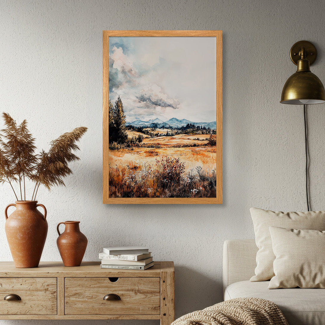 Framed Poster featuring a watercolor landscape in warm earth tones. Bring nature's beauty to your home with this stunning art print.