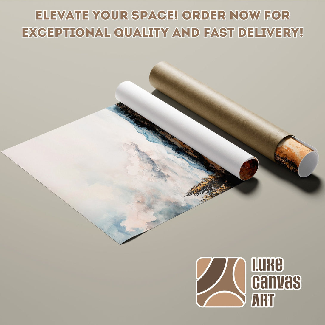 Watercolor landscape Poster Roll, soft blues & earth tones. Elevate your space with art!