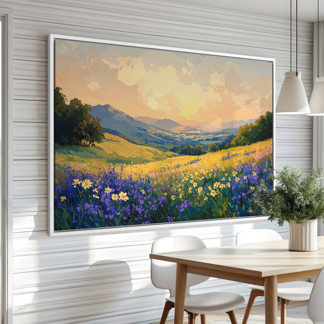 Framed Wall Art: Landscape Canvas Print of a vibrant meadow with wildflowers, mountains, and a warm color palette. Perfect for home decor.