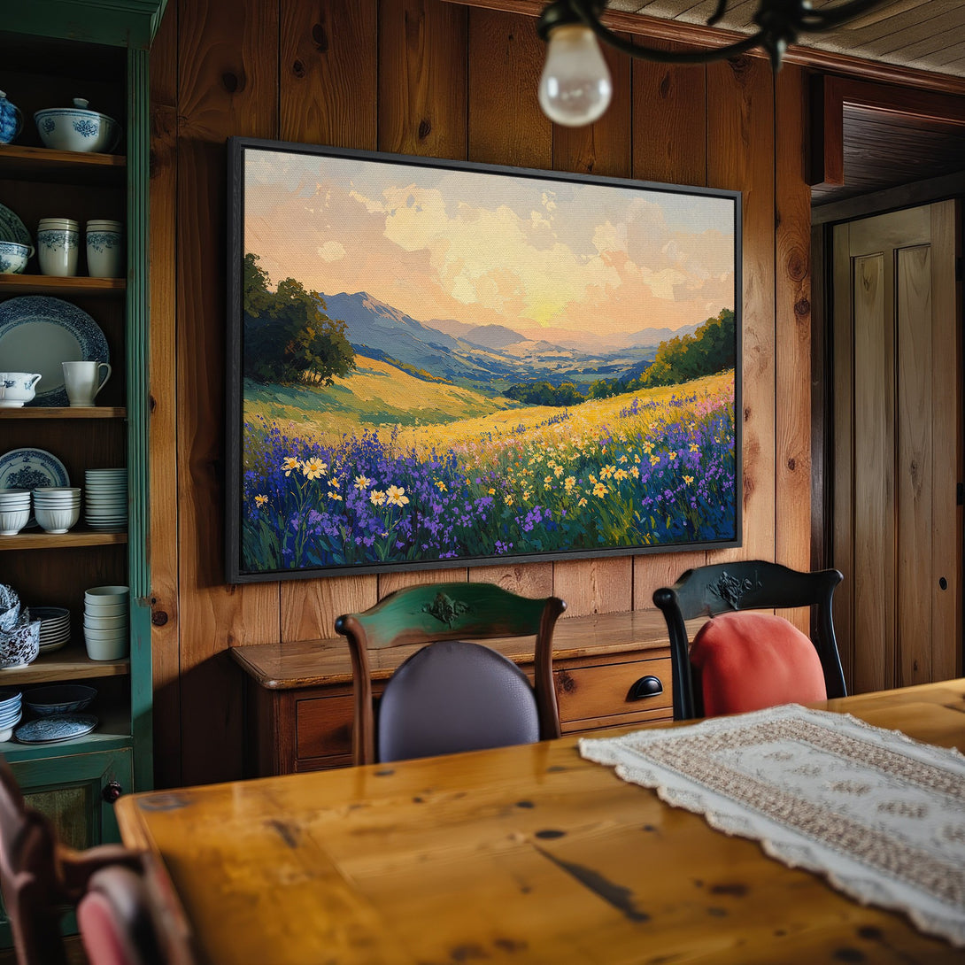 Framed Wall Art: Landscape painting with wildflowers in a rustic interior, warm yellow, blue, and green color palette. Elevate your space with art!