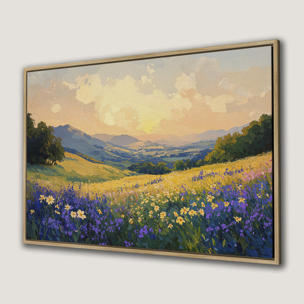 Canvas Print of a vibrant landscape painting with wildflowers, mountains, and a warm color palette. Perfect wall art for any home!