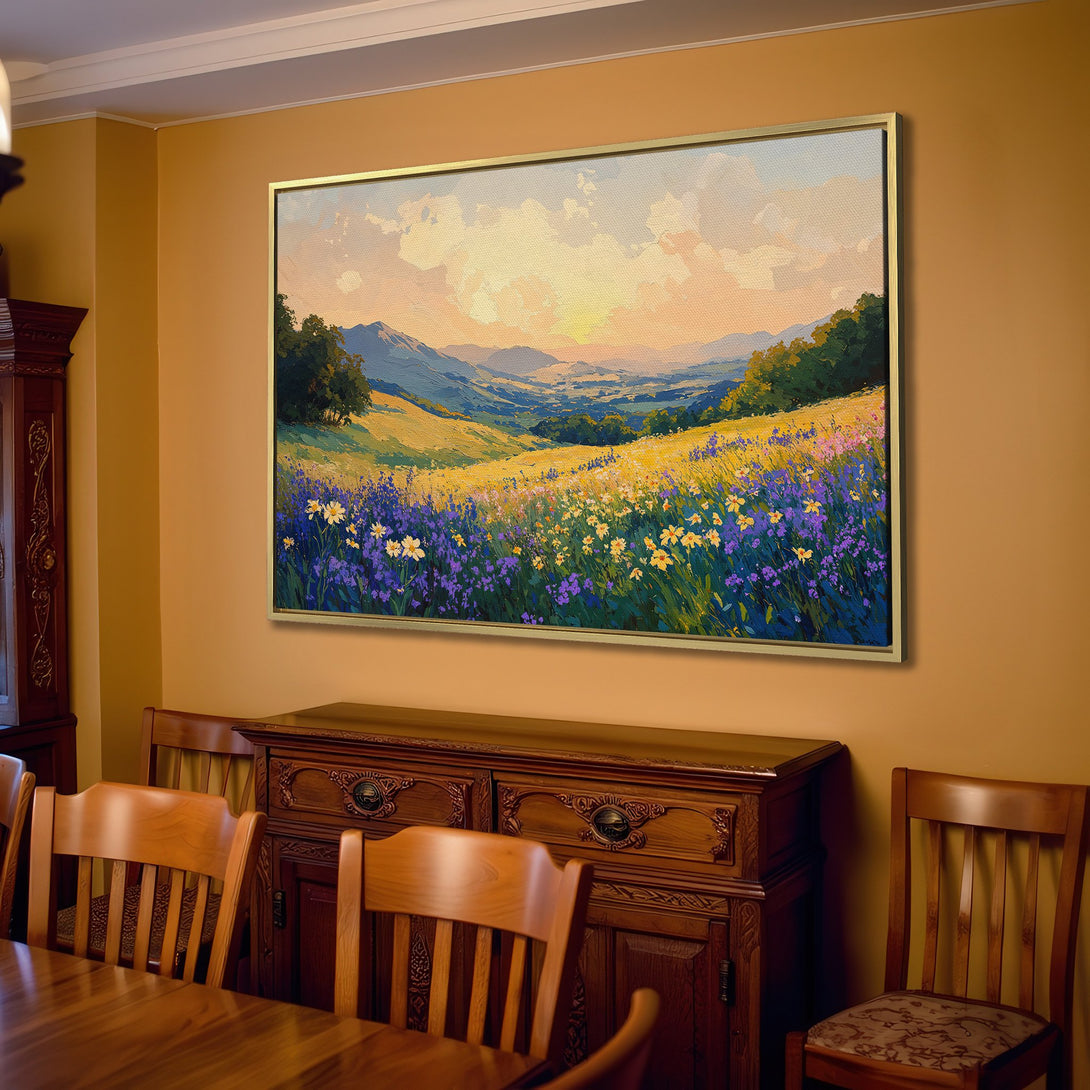 Canvas Print of a vibrant landscape painting with wildflowers. Warm, inviting colors in a living room setting.