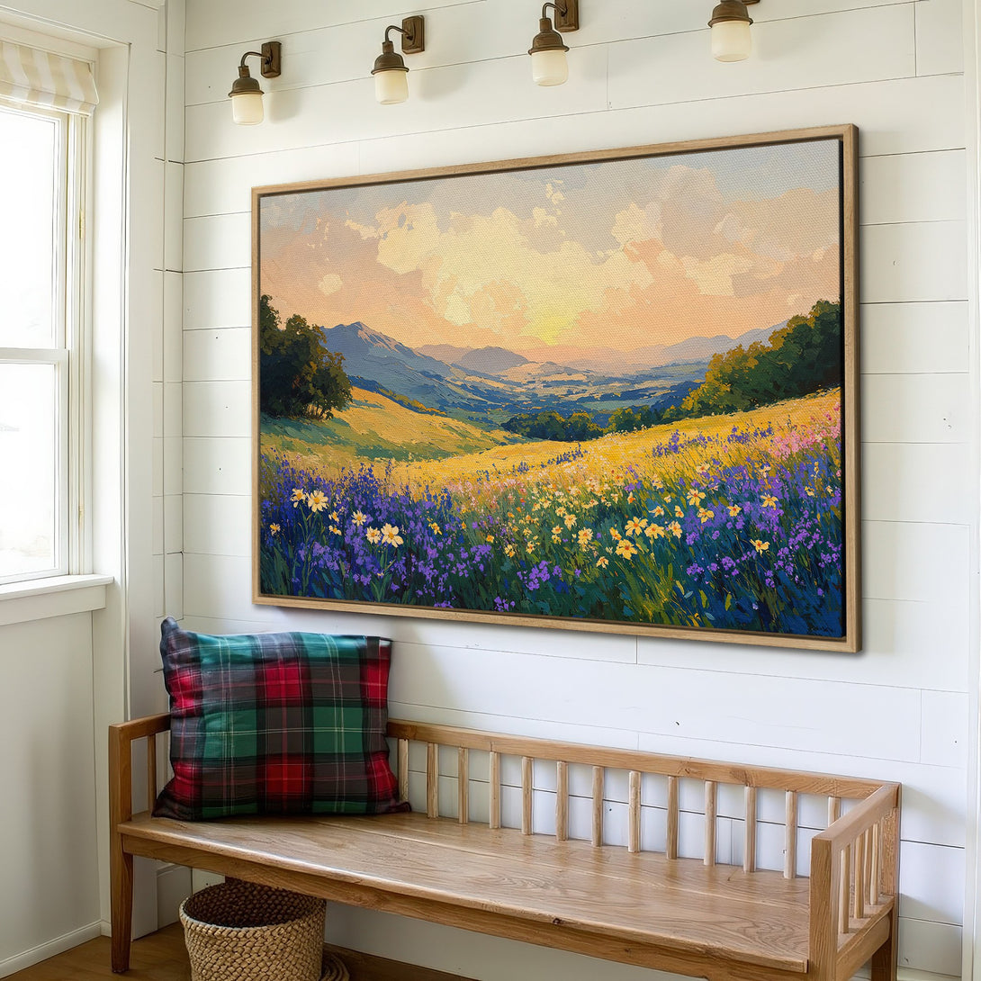 Framed Wall Art: Landscape painting of a vibrant meadow with yellow, purple, and blue flowers. Warm color palette, perfect for home decor.