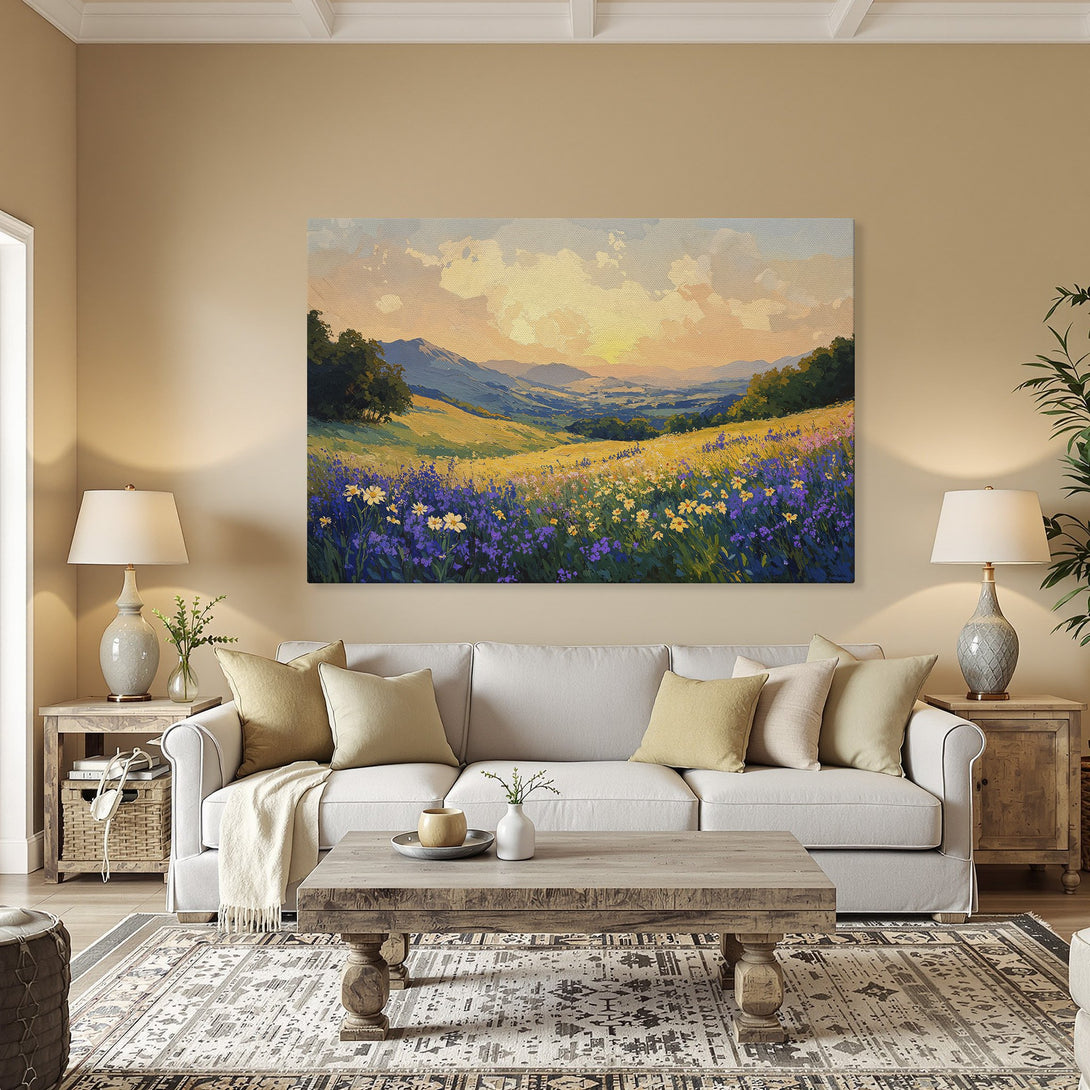 Framed Wall Art: Landscape Canvas Print with vibrant wildflowers and mountains, warm color palette, perfect for home decor.