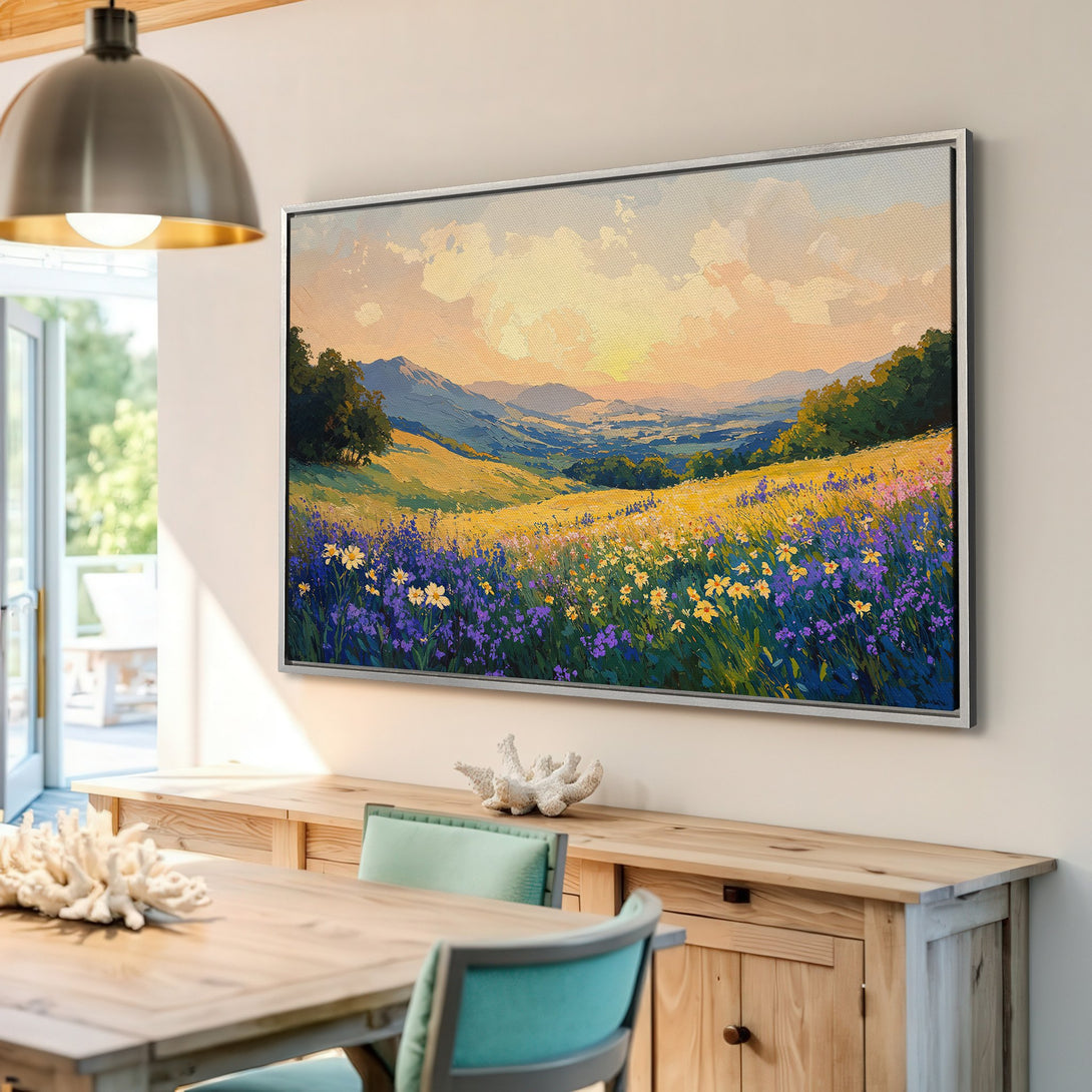 Framed Wall Art: Impressionist landscape Canvas Print with vibrant wildflowers, warm yellow & purple hues, perfect for adding a touch of nature to your home.