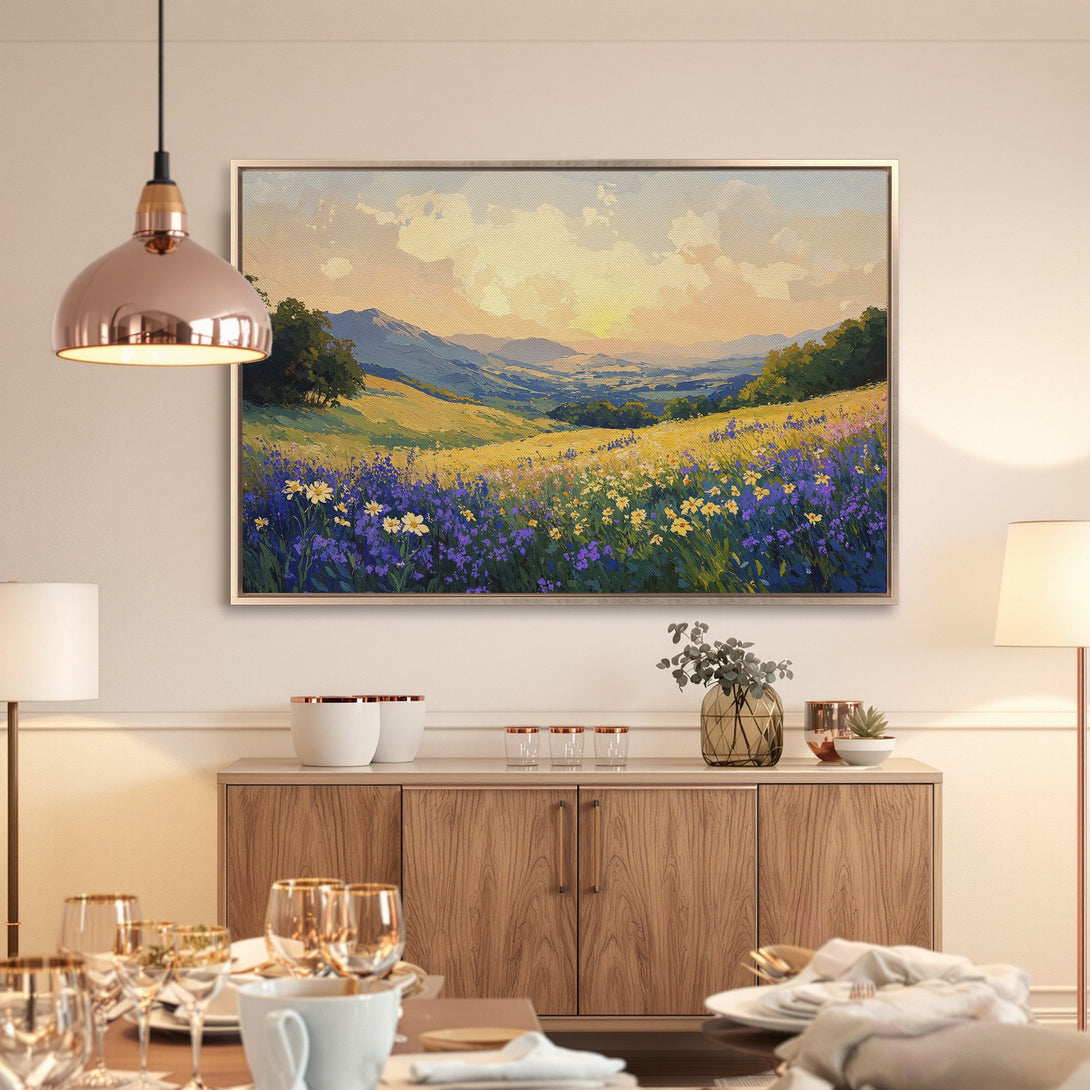 Framed Wall Art: Landscape Canvas Print with wildflowers in a field. Soft, impressionistic style with a warm, natural color palette. Perfect home decor.