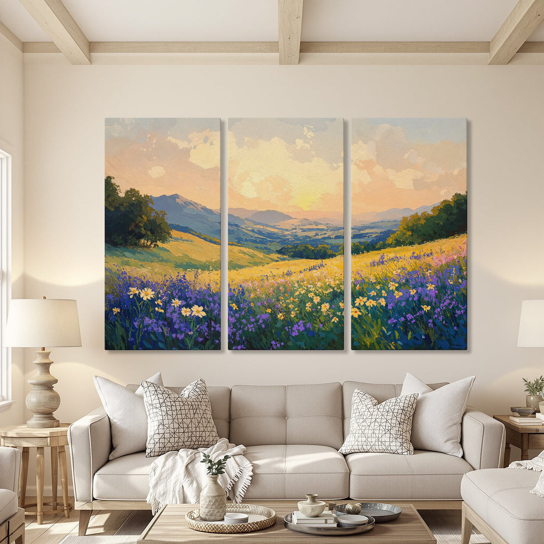 Canvas Print of a vibrant landscape painting with wildflowers. Features a warm, inviting color palette of yellows, blues, and greens. Perfect for home decor.
