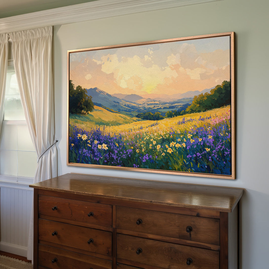 Framed Wall Art: Landscape Canvas Print with a vibrant field of wildflowers. Warm, inviting color palette with yellows, blues, and greens. Perfect for any home decor.