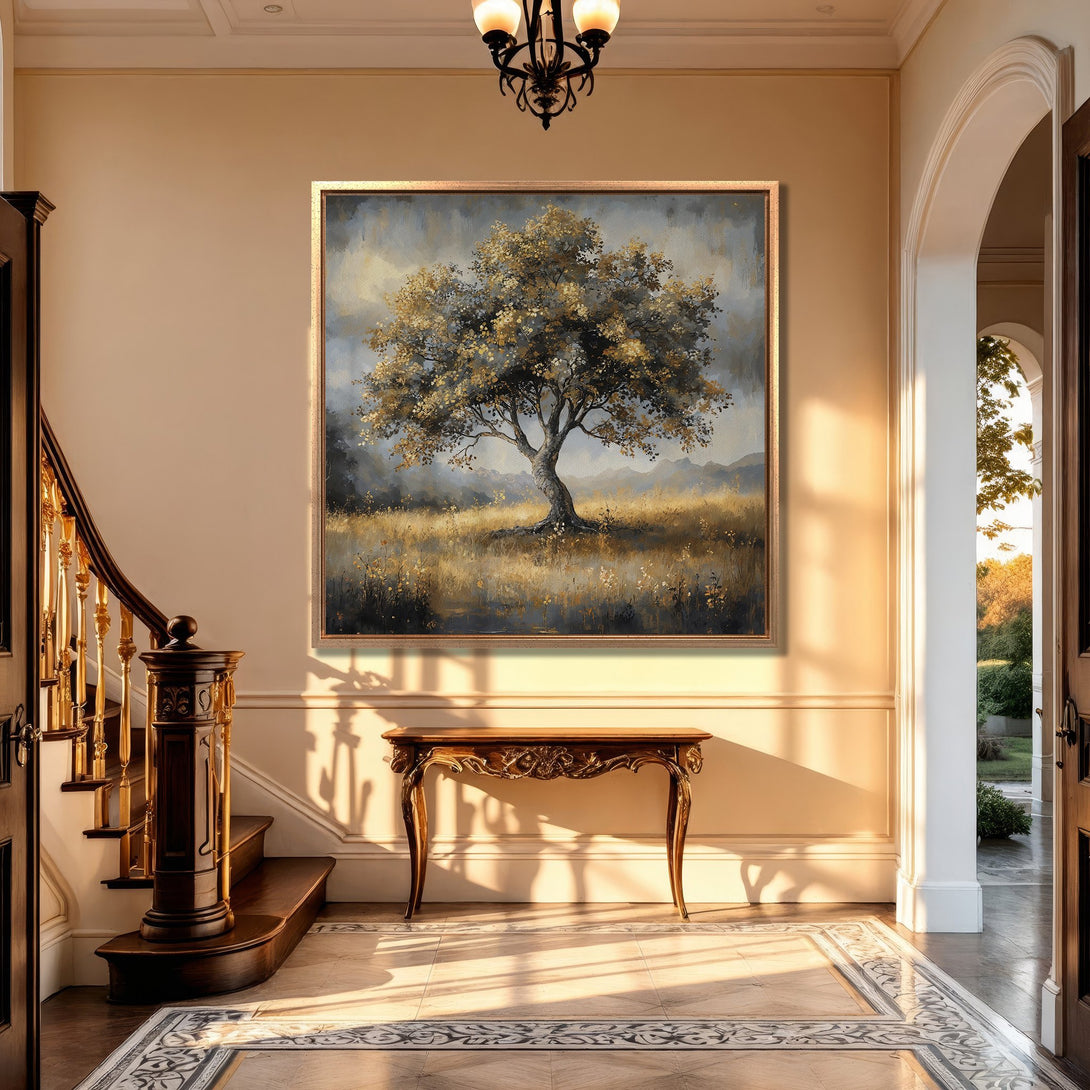 Framed Wall Art of a tree in a field, displayed in a luxurious interior. Earthy tones and a classic style create a warm and inviting atmosphere.