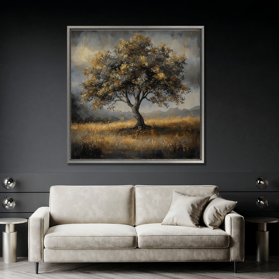 Framed Wall Art: Stunning landscape painting of a golden tree, perfect for modern decor. Warm, earthy tones create a serene atmosphere. Elevate your space today!