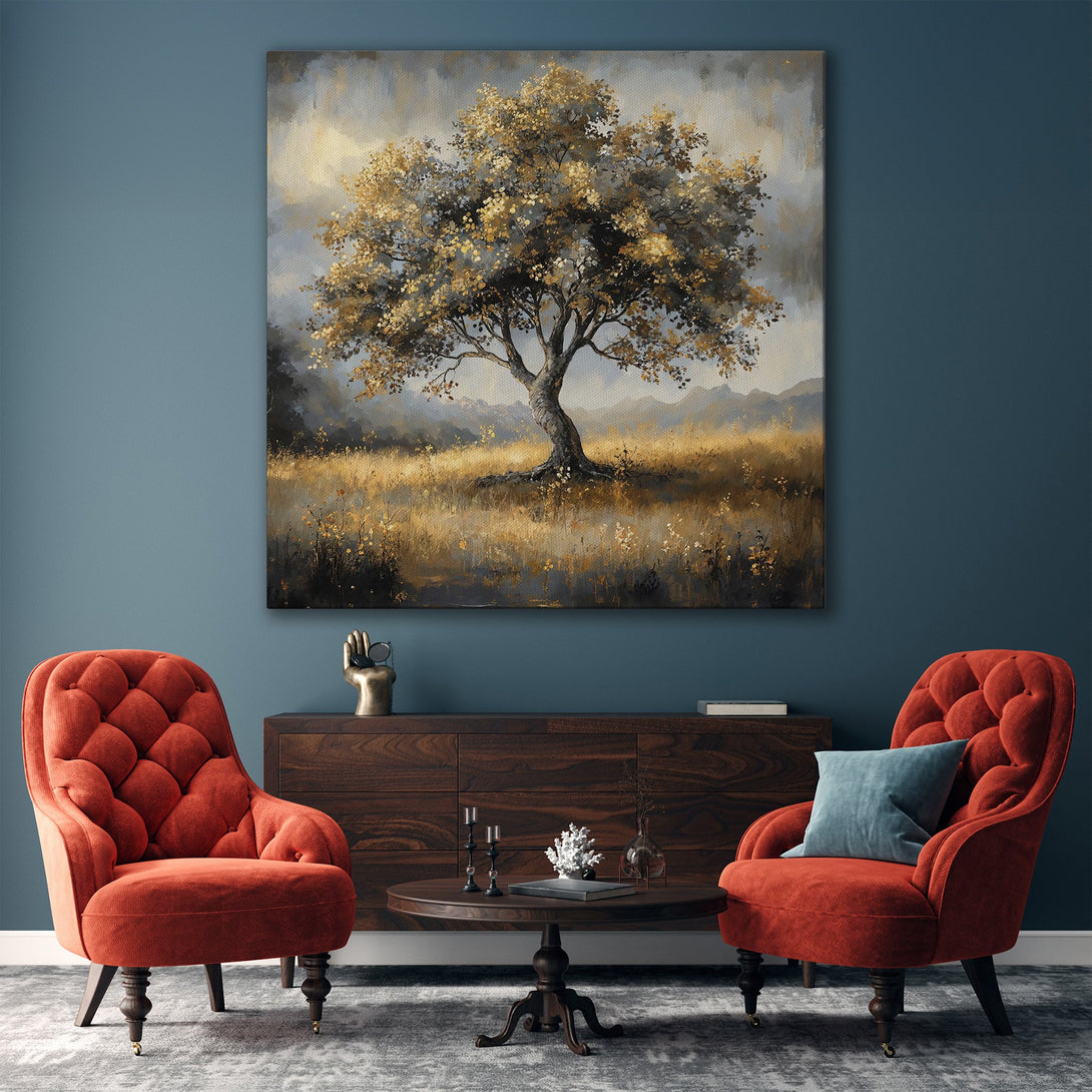 Framed Wall Art: Elegant tree painting in gold and gray tones. Perfect for living room decor. Enhance your space with this stunning canvas print.