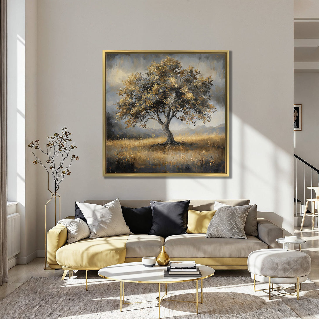 Canvas Print of a serene tree landscape in warm gold and gray tones. Perfect for adding a touch of nature to your home decor.