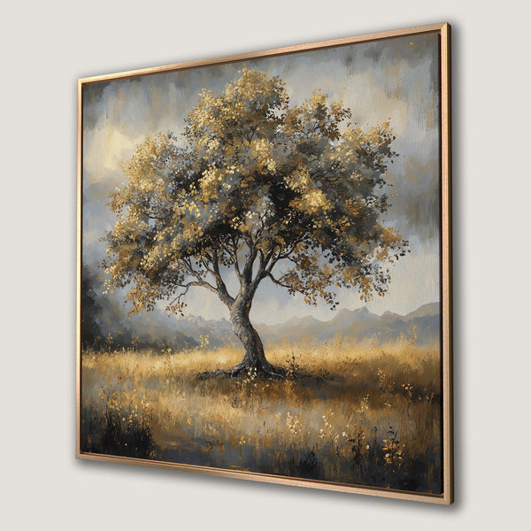 Framed Wall Art: Majestic tree painting in warm gold and gray tones. Enhance your space with this stunning landscape Canvas Print.