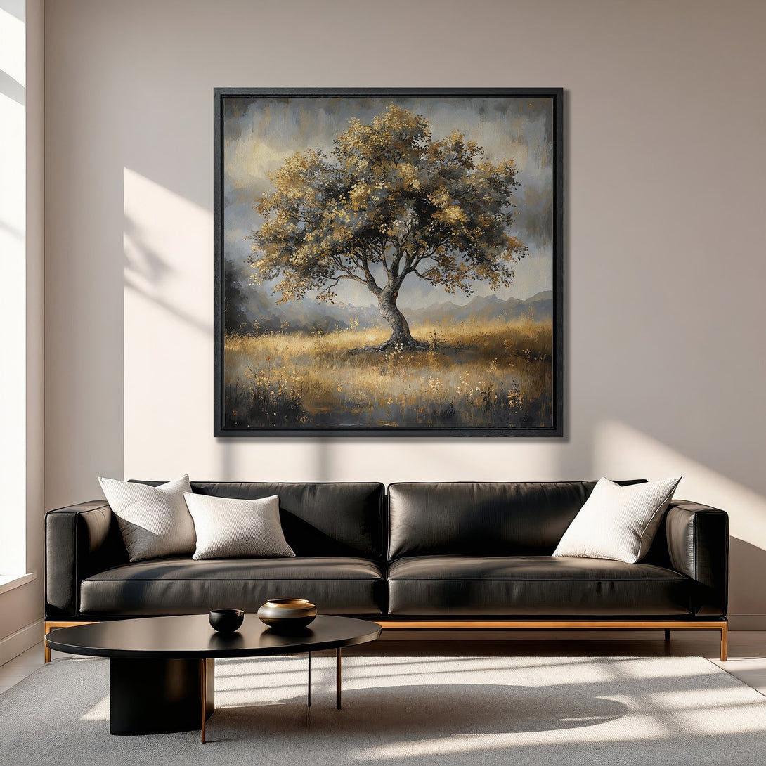 Framed Wall Art: Majestic tree landscape canvas print in neutral gold and gray tones, perfect for adding a touch of nature to your home decor.